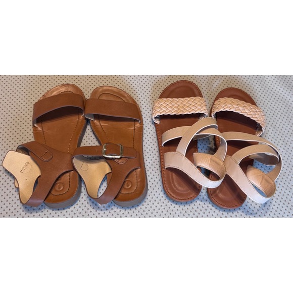 Cat & Jack Other - Girls Sandals Bundle Brown Buckle Strappy & Tan Braided Elastic Size 1 / 34